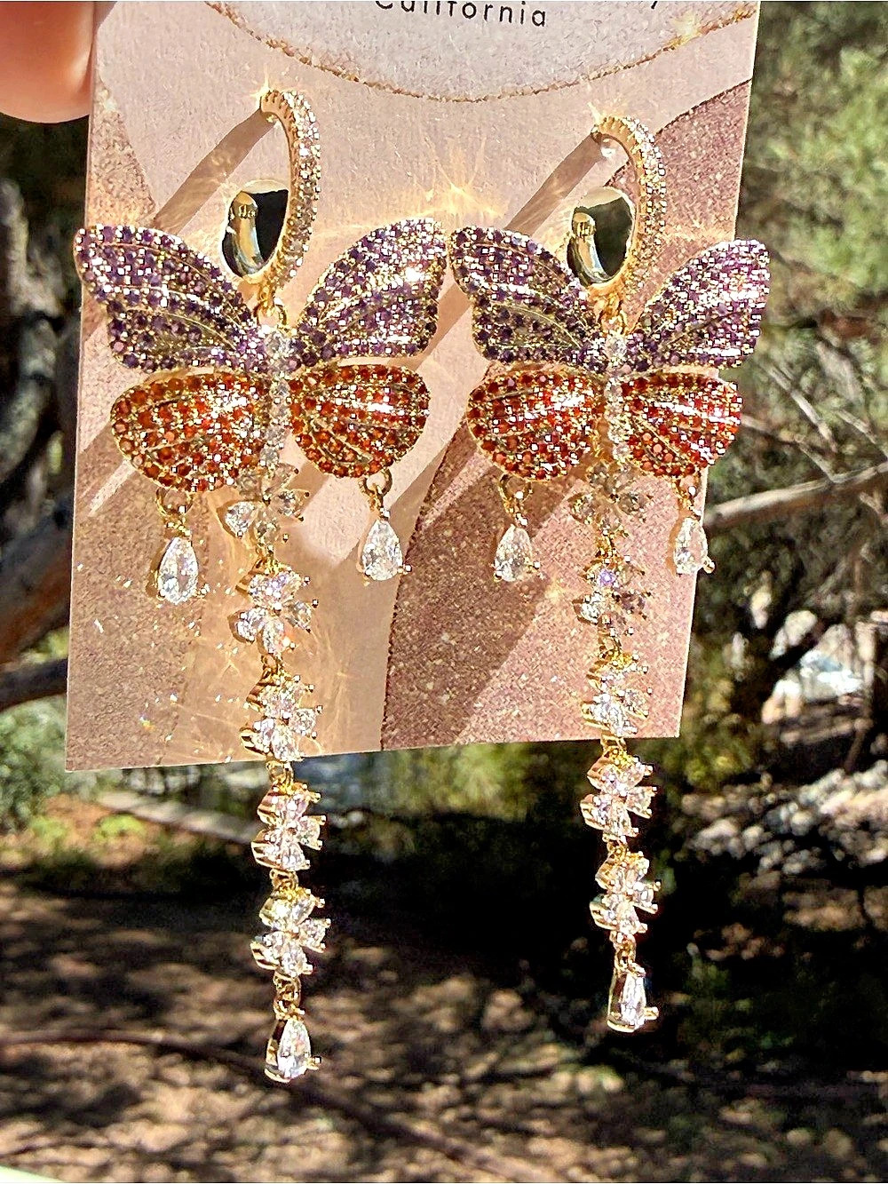 Butterfly Drop Earrings Orange Purple CZ’s dangles from small hoop post NWT 3”